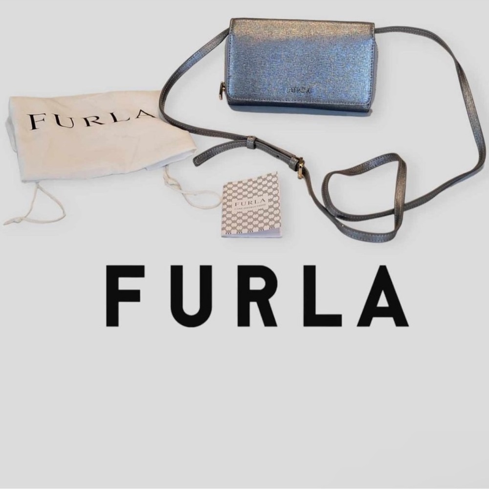 Furla  Silver Crossbody Phone Case Wallet Adjustable Crossbody Strap w/ Dust Bag